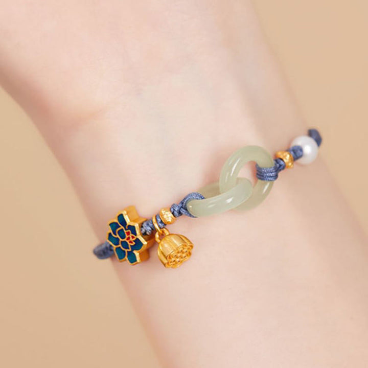 Pulsera de la fortuna con cuerda trenzada y hebilla de paz de loto de jade hetiano y Buddha Stones