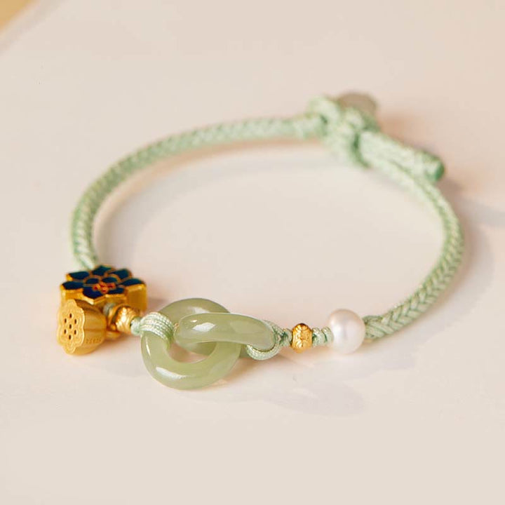 Pulsera de la fortuna con cuerda trenzada y hebilla de paz de loto de jade hetiano y Buddha Stones
