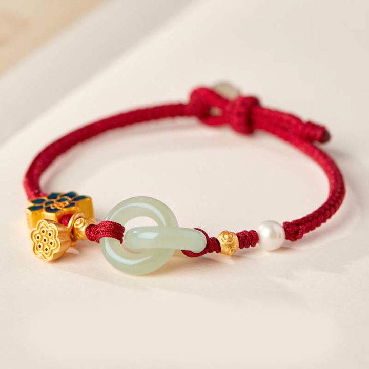 Pulsera de la fortuna con cuerda trenzada y hebilla de paz de loto de jade hetiano y Buddha Stones