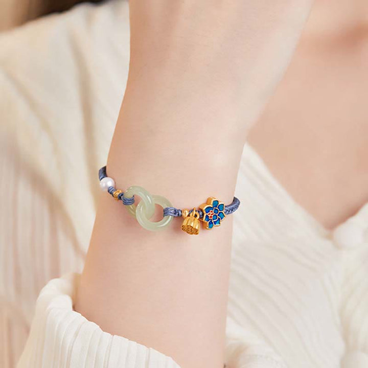 Pulsera de la fortuna con cuerda trenzada y hebilla de paz de loto de jade hetiano y Buddha Stones