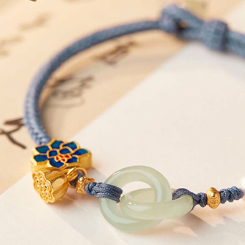 Pulsera de la fortuna con cuerda trenzada y hebilla de paz de loto de jade hetiano y Buddha Stones