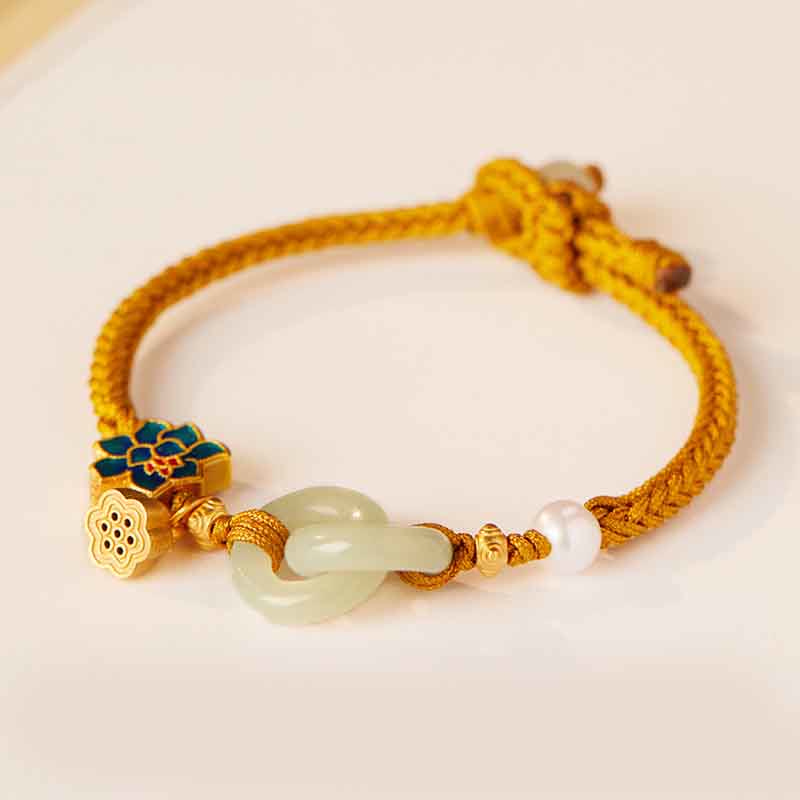 Pulsera de la fortuna con cuerda trenzada y hebilla de paz de loto de jade hetiano y Buddha Stones