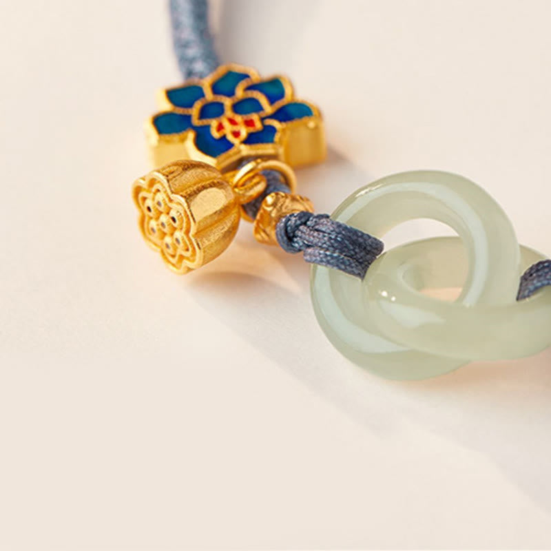 Pulsera de la fortuna con cuerda trenzada y hebilla de paz de loto de jade hetiano y Buddha Stones