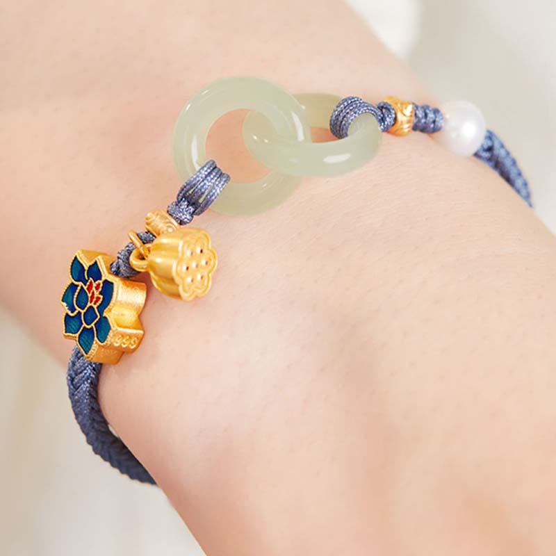 Pulsera de la fortuna con cuerda trenzada y hebilla de paz de loto de jade hetiano y Buddha Stones