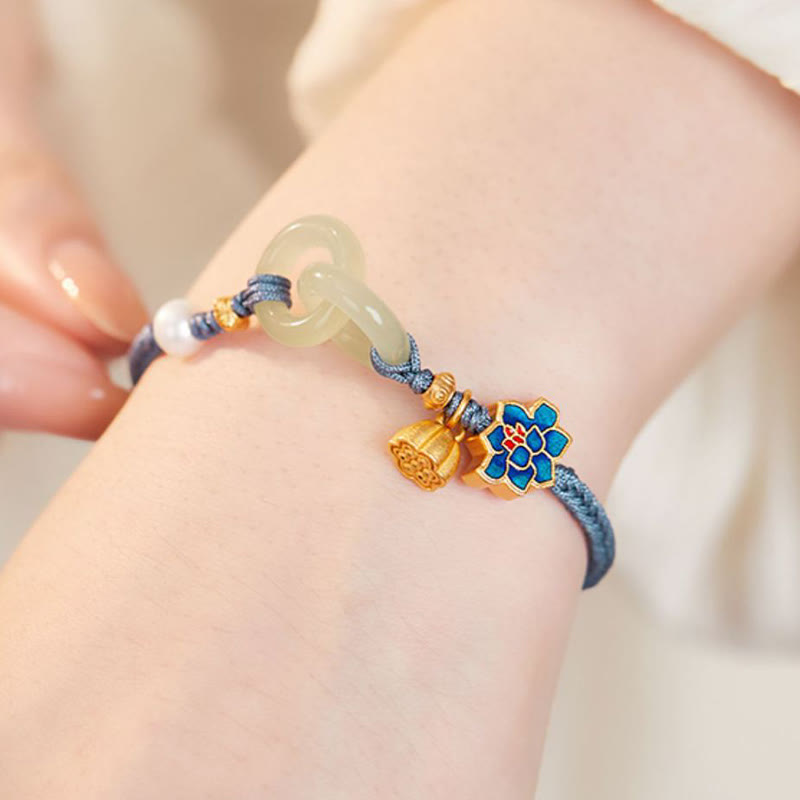 Pulsera de la fortuna con cuerda trenzada y hebilla de paz de loto de jade hetiano y Buddha Stones