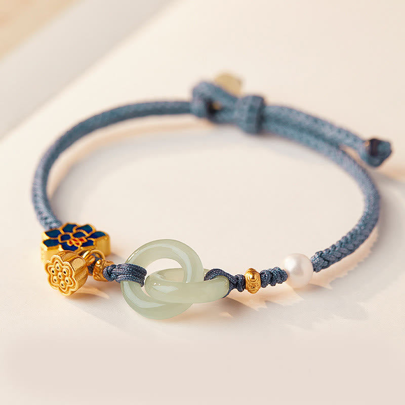 Pulsera de la fortuna con cuerda trenzada y hebilla de paz de loto de jade hetiano y Buddha Stones