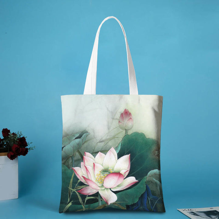 Bolso de hombro de lona con forma de loto y Buddha Stones