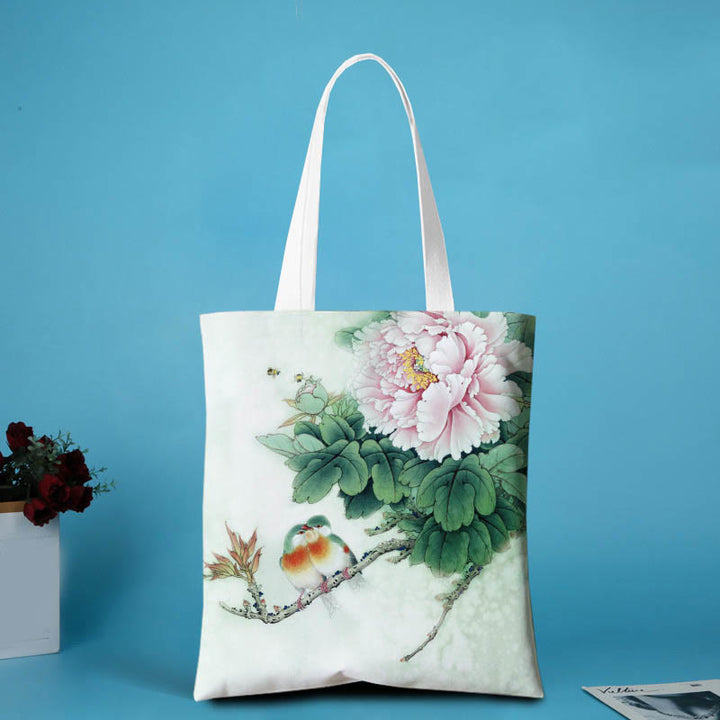 Bolso de hombro de lona con Buddha Stones y diseño de peonías
