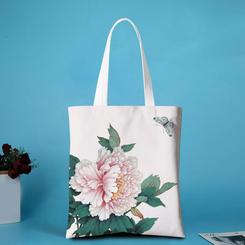 Bolso de hombro de lona con Buddha Stones y diseño de peonías