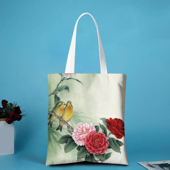 Bolso de hombro de lona con Buddha Stones y diseño de peonías