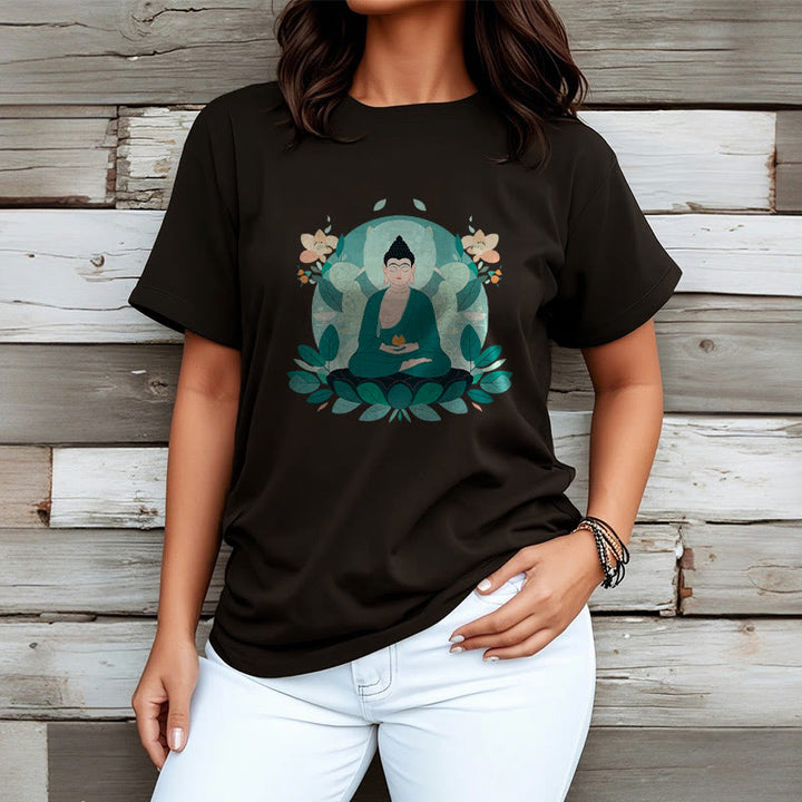 Buddha Stones Camiseta de Buda con ojos cerrados y hoja verde - image 9