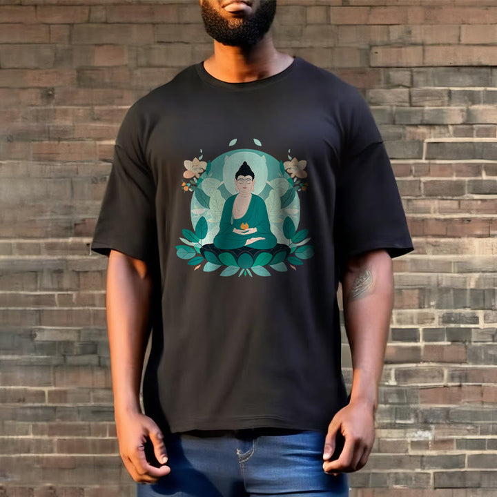 Buddha Stones Camiseta de Buda con ojos cerrados y hoja verde - image 8