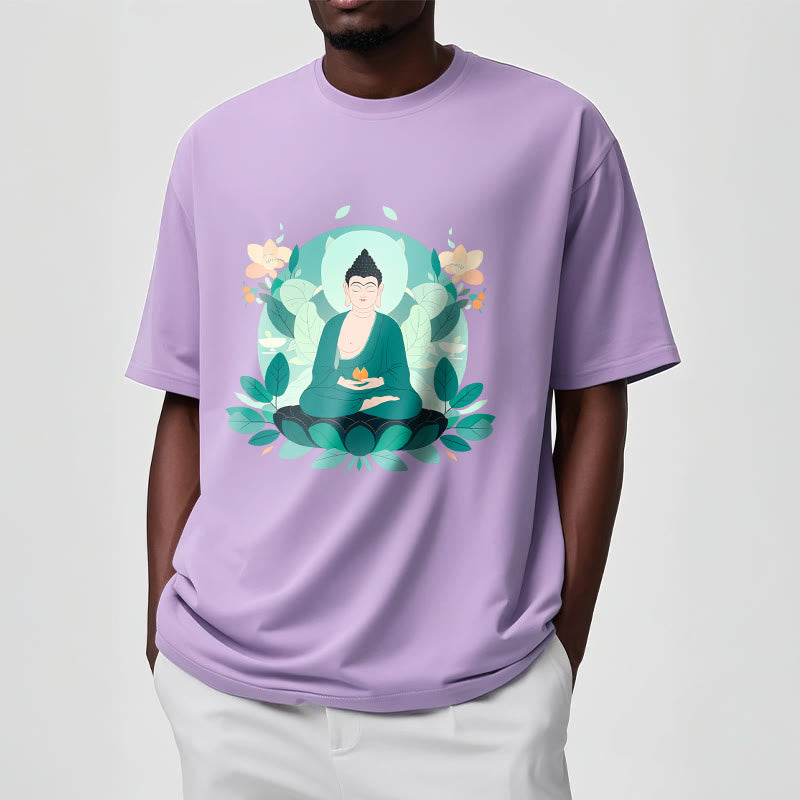 Buddha Stones Camiseta de Buda con ojos cerrados y hoja verde - image 17