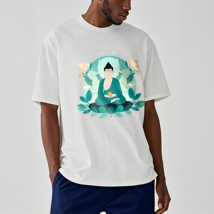 Buddha Stones Camiseta de Buda con ojos cerrados y hoja verde - image 4