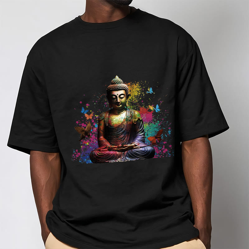 Camiseta de meditación de Buda con mariposa colorida volando Buddha Stones - image 1