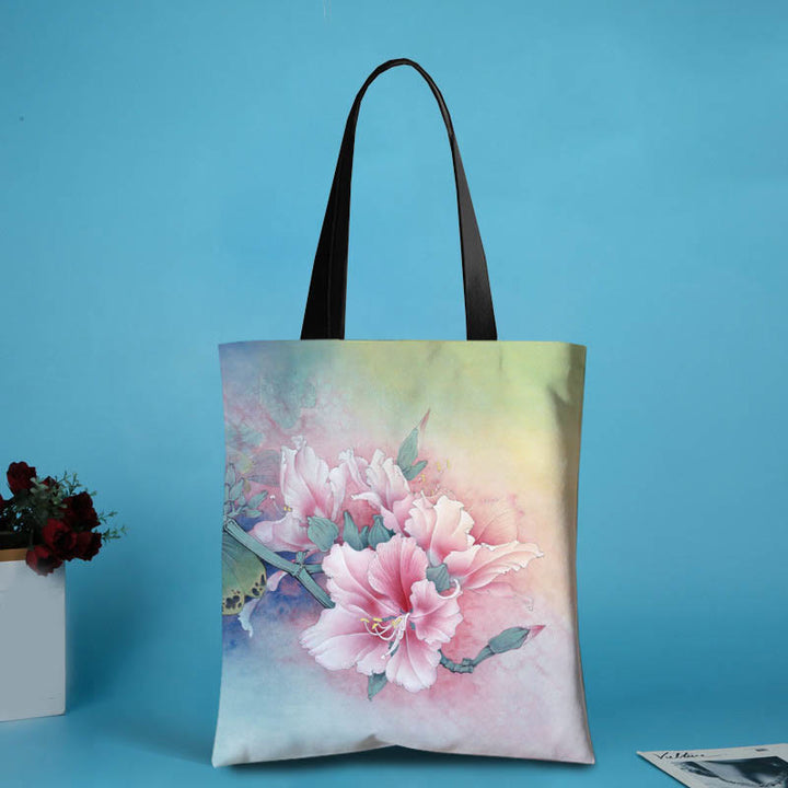 Bolso de hombro con diseño de libélula y tinta de loto hecho a mano de lona de gran capacidad con Buddha Stones