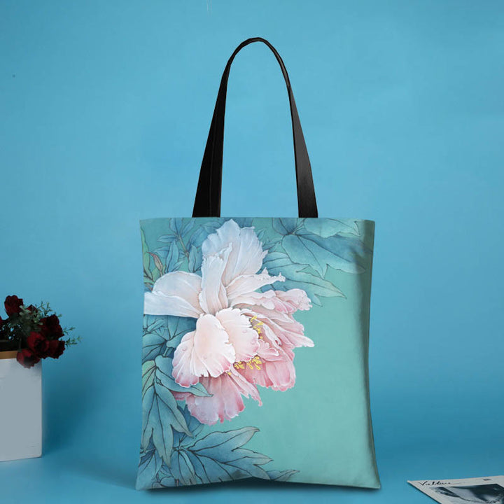 Bolso de hombro con diseño de libélula y tinta de loto hecho a mano de lona de gran capacidad con Buddha Stones
