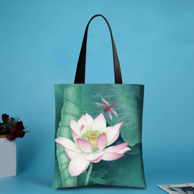 Bolso de hombro con diseño de libélula y tinta de loto hecho a mano de lona de gran capacidad con Buddha Stones