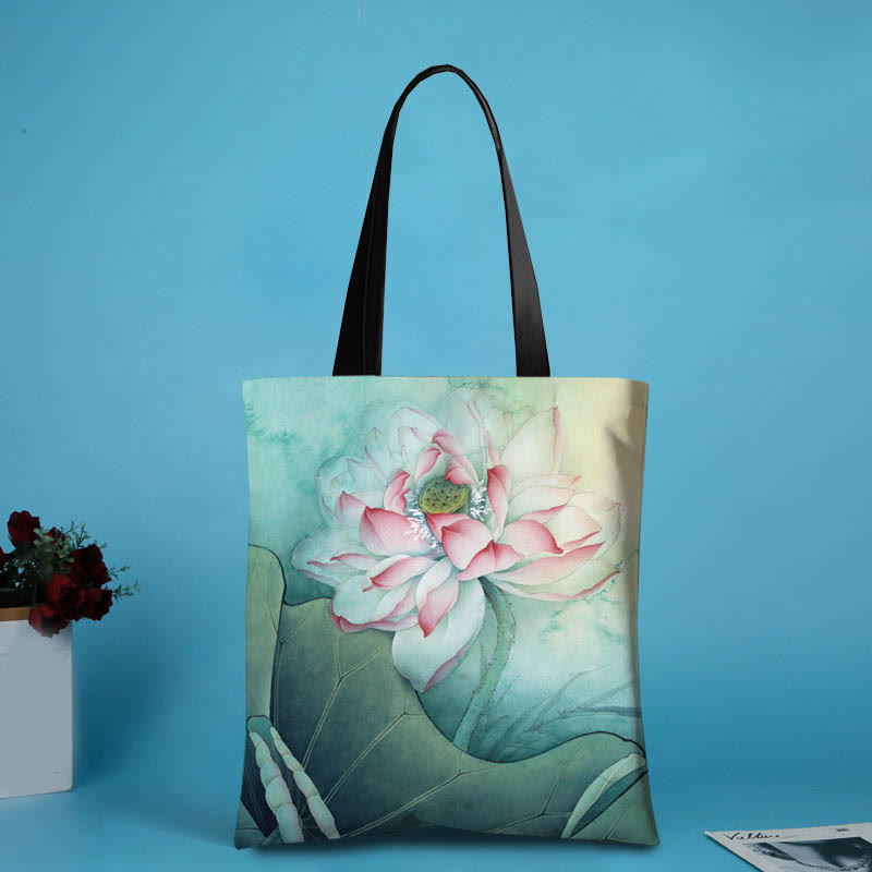 Bolso de hombro con diseño de libélula y tinta de loto hecho a mano de lona de gran capacidad con Buddha Stones