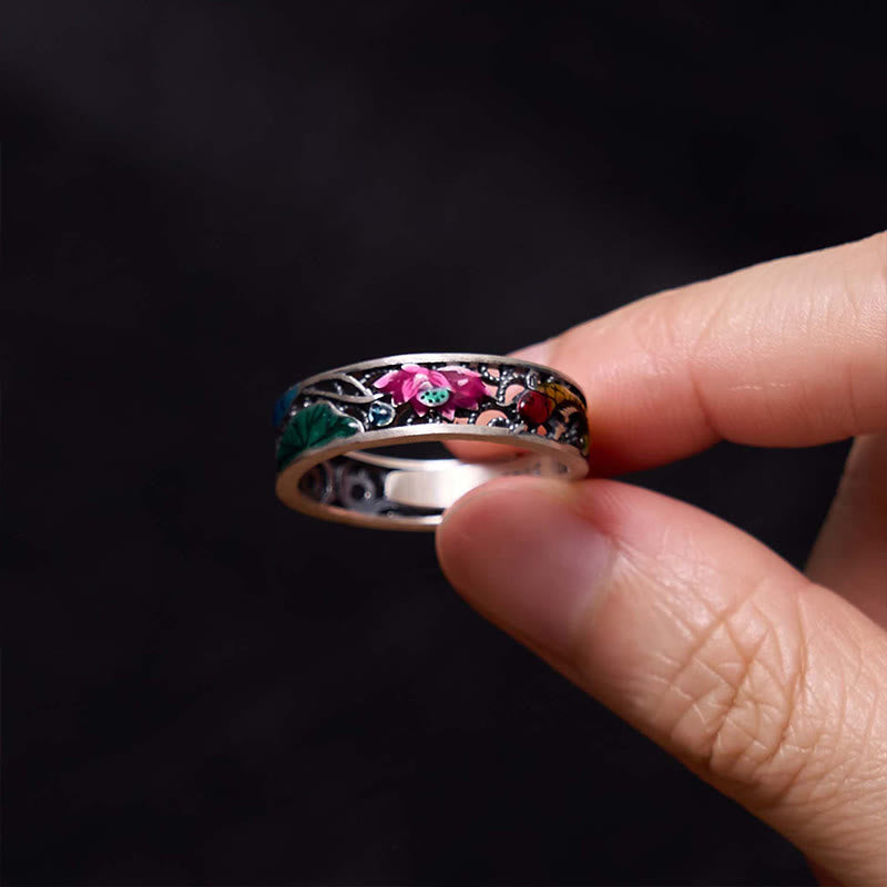 Anillo de pez koi de loto de la suerte de plata esterlina 925 de Buddha Stones, todo va bien