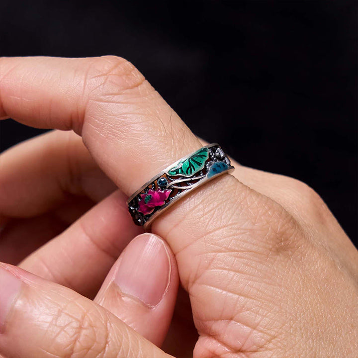Anillo de pez koi de loto de la suerte de plata esterlina 925 de Buddha Stones, todo va bien