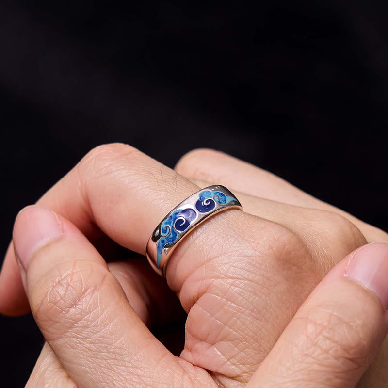 Anillo ajustable de cobre de riqueza con patrón de nubes auspiciosas azules de Buddha Stones