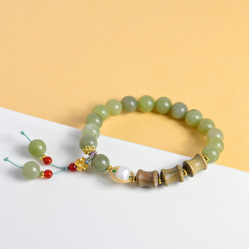 Pulsera de prosperidad con Buddha Stones, jade, sándalo, bambú y perla