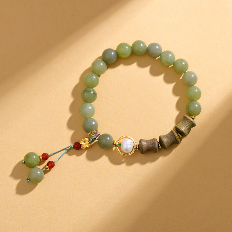 Pulsera de prosperidad con Buddha Stones, jade, sándalo, bambú y perla