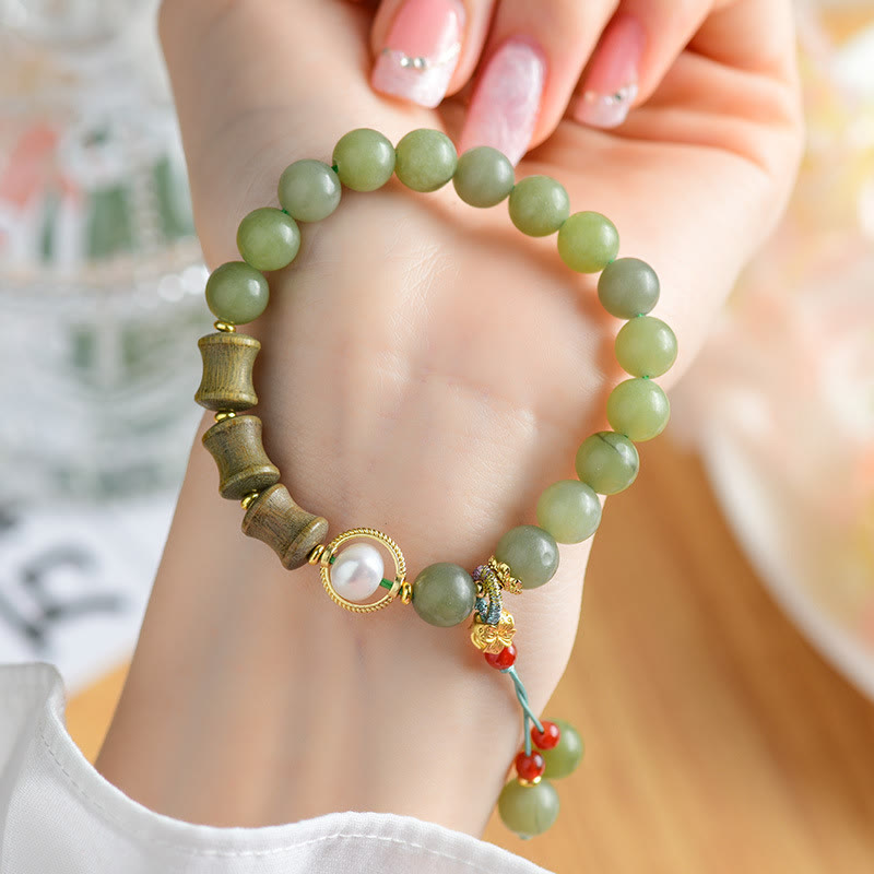 Pulsera de prosperidad con Buddha Stones, jade, sándalo, bambú y perla