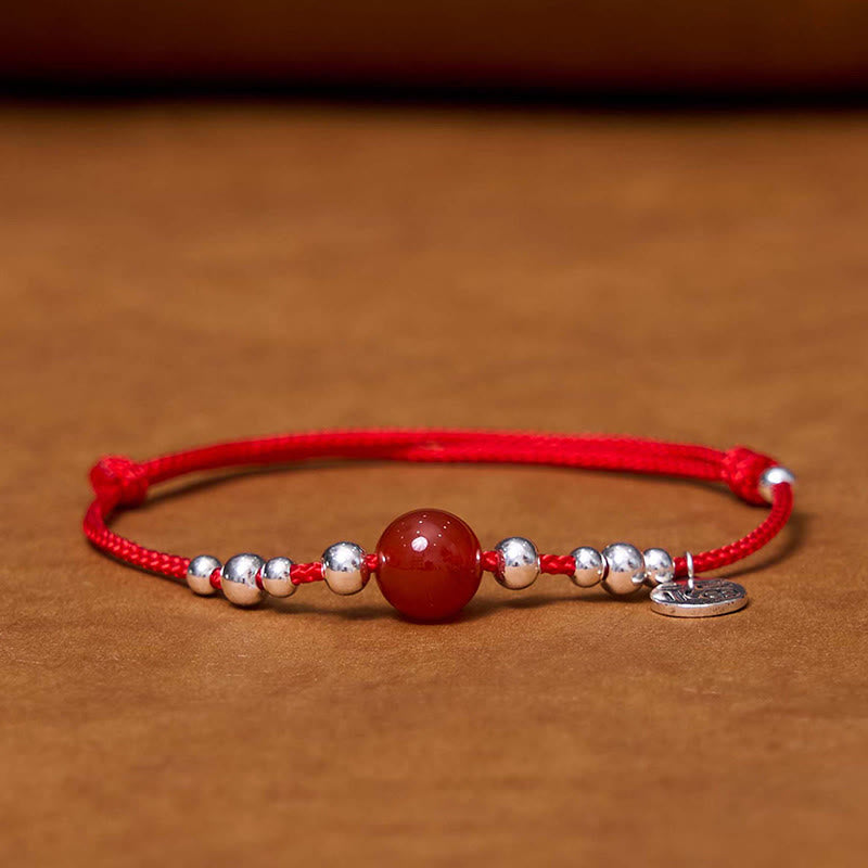 Pulsera trenzada ultrafina de amatista roja de la fortuna con carácter Fu hecha a mano de plata de ley 925 de Buddha Stones - image 1