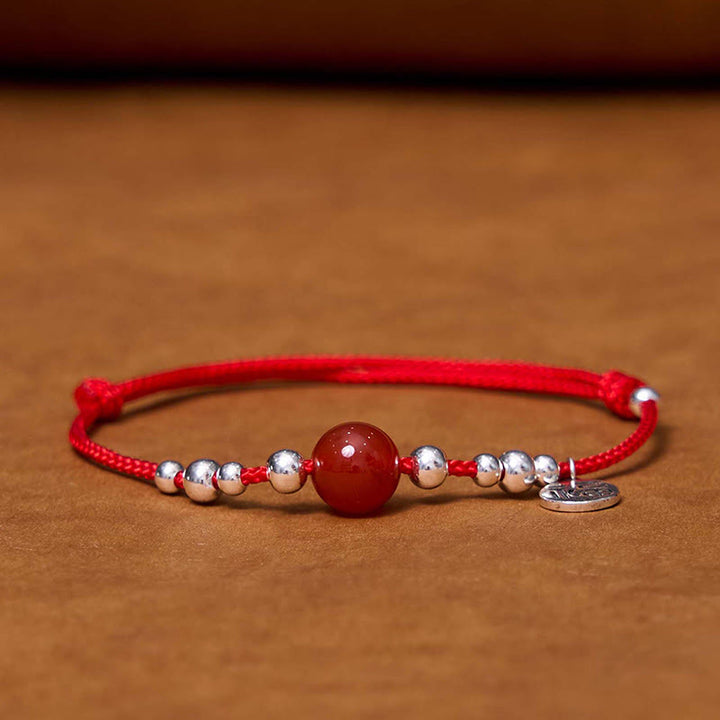 Pulsera trenzada ultrafina de amatista roja de la fortuna con carácter Fu hecha a mano de plata de ley 925 de Buddha Stones - image 1