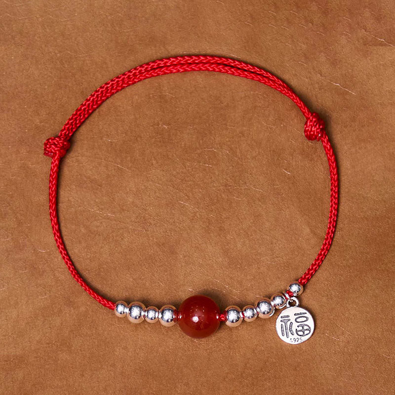 Pulsera trenzada ultrafina de amatista roja de la fortuna con carácter Fu hecha a mano de plata de ley 925 de Buddha Stones - Cuerda roja ultrafina (circunferencia de la muñeca: 14-20 cm) - image 0