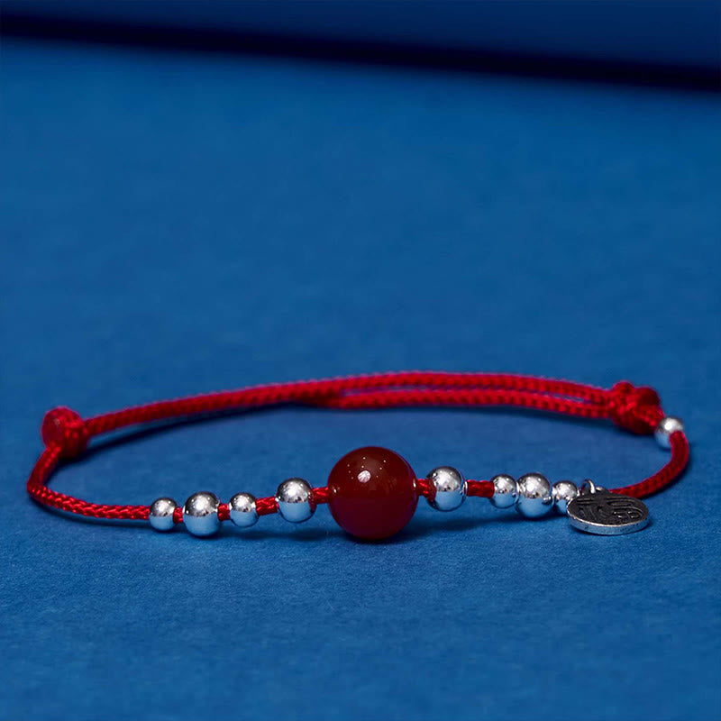 Pulsera trenzada ultrafina de amatista roja de la fortuna con carácter Fu hecha a mano de plata de ley 925 de Buddha Stones