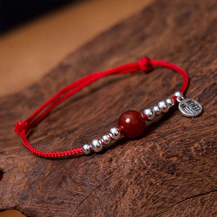 Pulsera trenzada ultrafina de amatista roja de la fortuna con carácter Fu hecha a mano de plata de ley 925 de Buddha Stones - image 2