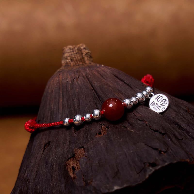 Pulsera trenzada ultrafina de amatista roja de la fortuna con carácter Fu hecha a mano de plata de ley 925 de Buddha Stones