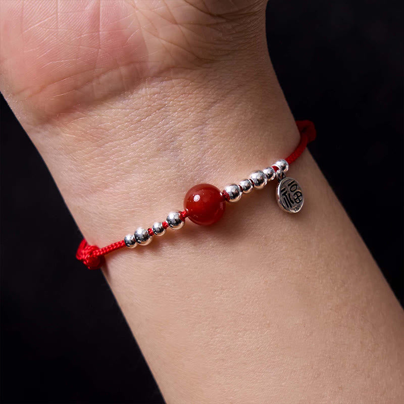 Pulsera trenzada ultrafina de amatista roja de la fortuna con carácter Fu hecha a mano de plata de ley 925 de Buddha Stones