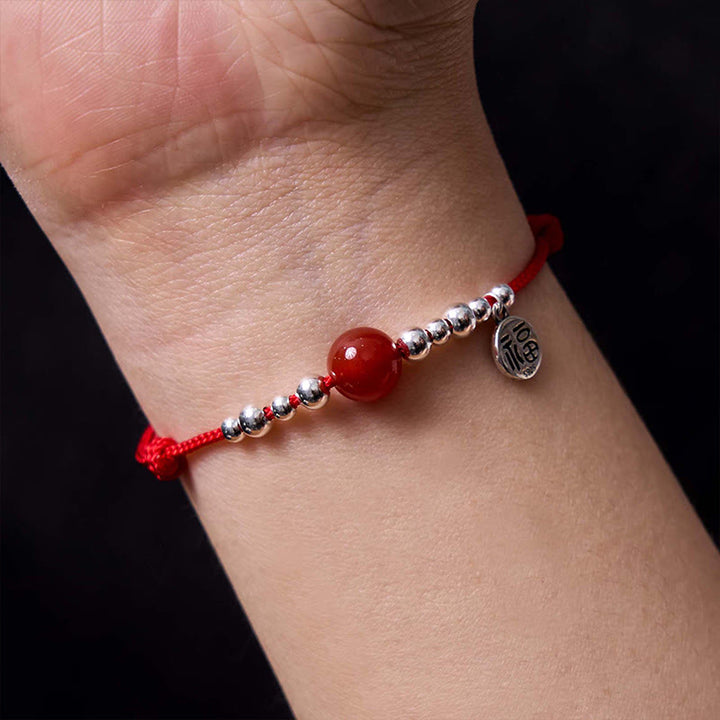 Pulsera trenzada ultrafina de amatista roja de la fortuna con carácter Fu hecha a mano de plata de ley 925 de Buddha Stones