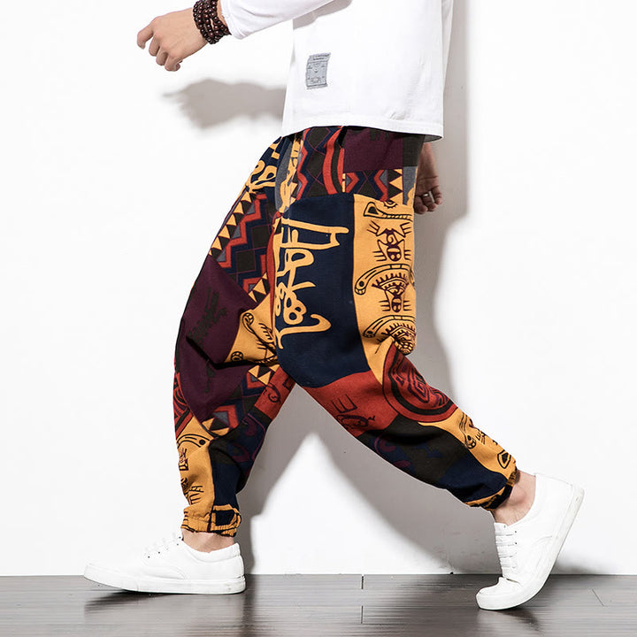 Pantalones harén de algodón para hombre con estampado de pájaros, grafiti, rojo y marrón, con Buddha Stones y bolsillos - SandyBrown - US/UK/AU46, EU56 (5XL)  - image 1