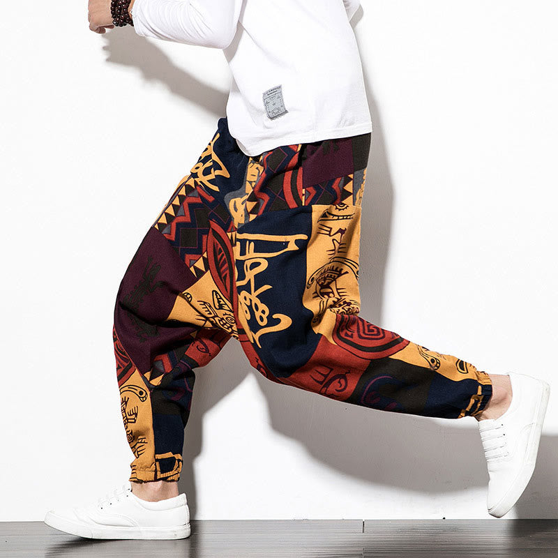 Pantalones harén de algodón para hombre con estampado de pájaros, grafiti, rojo y marrón, con Buddha Stones y bolsillos - image 11
