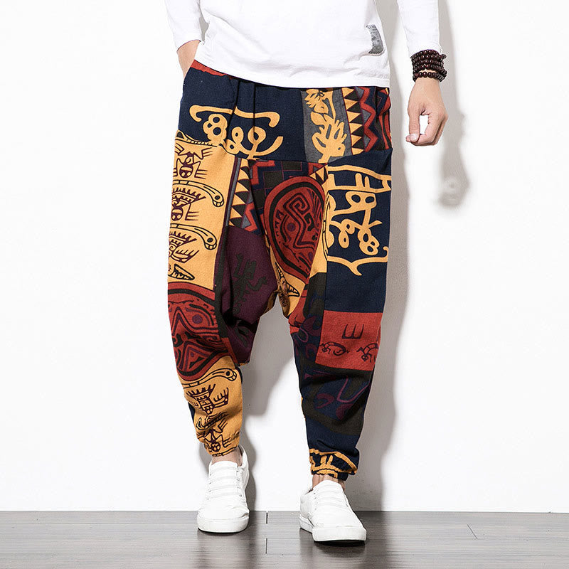 Pantalones harén de algodón para hombre con estampado de pájaros, grafiti, rojo y marrón, con Buddha Stones y bolsillos - image 2