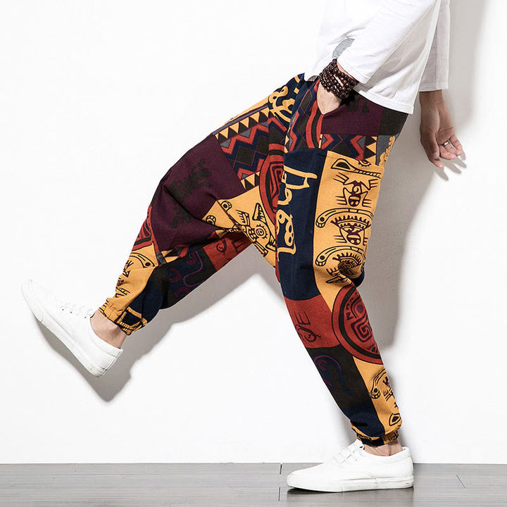 Pantalones harén de algodón para hombre con estampado de pájaros, grafiti, rojo y marrón, con Buddha Stones y bolsillos - image 13