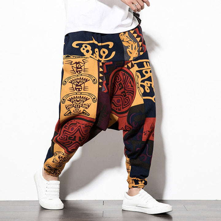 Pantalones harén de algodón para hombre con estampado de pájaros, grafiti, rojo y marrón, con Buddha Stones y bolsillos - image 4