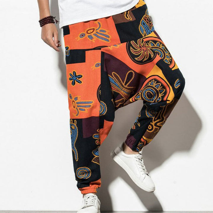 Pantalones harén para hombre con estampado de pájaros, grafiti en rojo y marrón, con Buddha Stones y bolsillos - Naranja oscuro - US/UK/AU44, UE 54 (5XL) - image 12