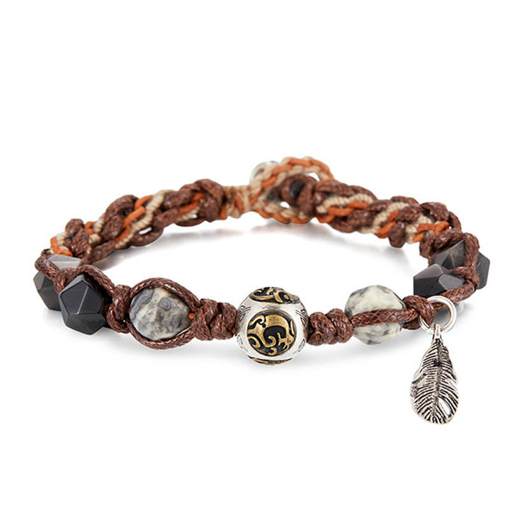 Pulsera trenzada hecha a mano con cuerda de transporte de obsidiana y plata de ley 925 con Buddha Stones retro