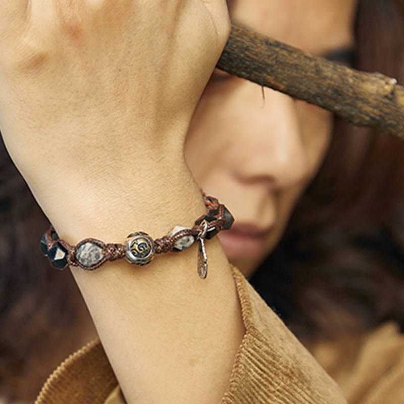 Pulsera trenzada hecha a mano con cuerda de transporte de obsidiana y plata de ley 925 con Buddha Stones retro