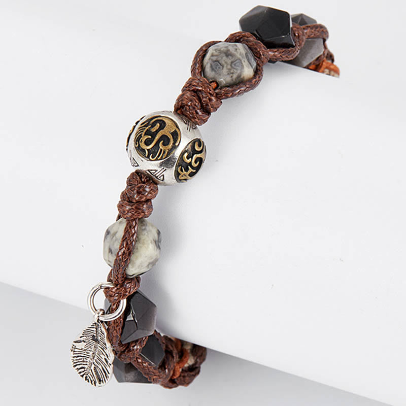 Pulsera trenzada hecha a mano con cuerda de transporte de obsidiana y plata de ley 925 con Buddha Stones retro