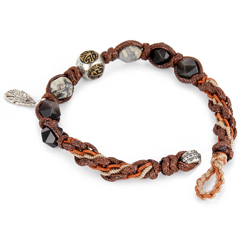 Pulsera trenzada hecha a mano con cuerda de transporte de obsidiana y plata de ley 925 con Buddha Stones retro