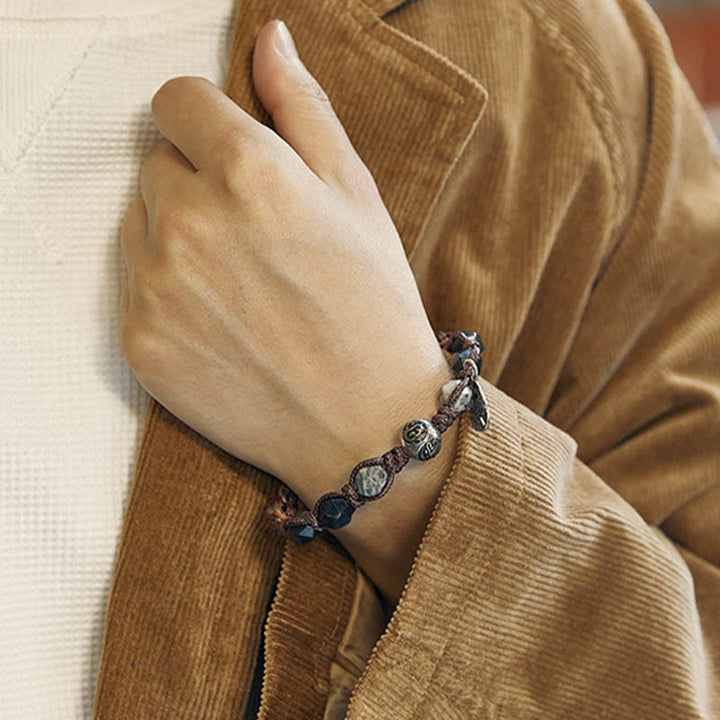 Pulsera trenzada hecha a mano con cuerda de transporte de obsidiana y plata de ley 925 con Buddha Stones retro