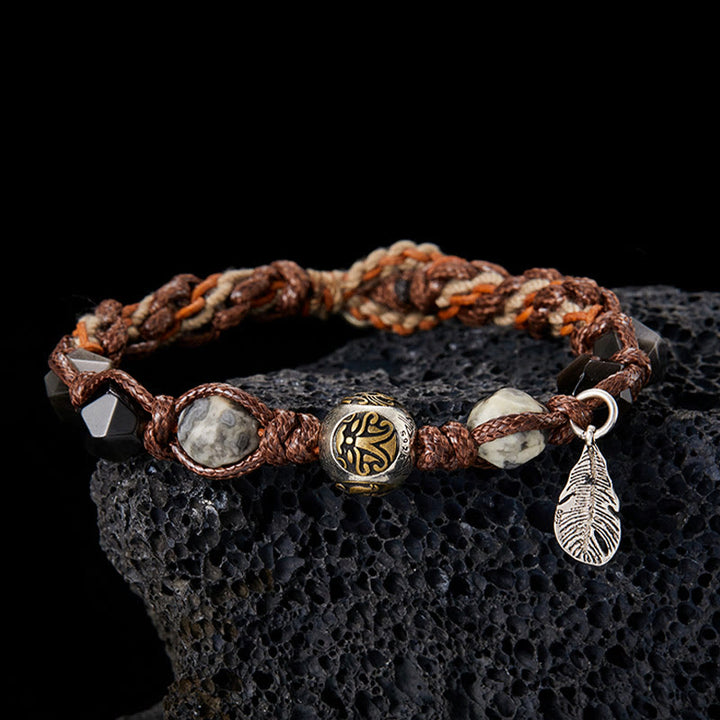 Pulsera trenzada hecha a mano con cuerda de transporte de obsidiana y plata de ley 925 con Buddha Stones retro