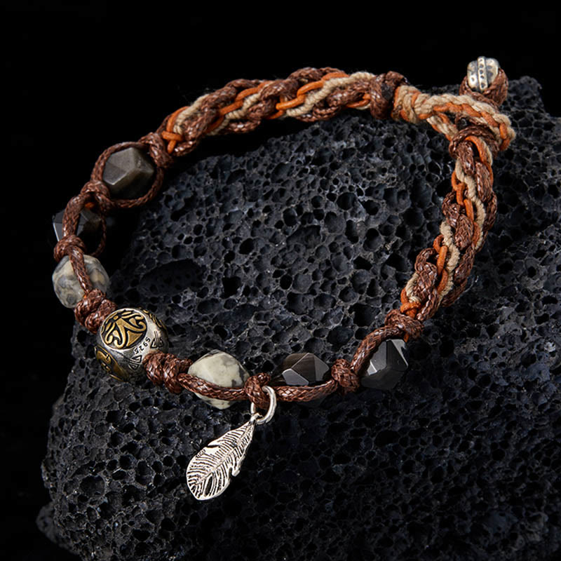 Pulsera trenzada hecha a mano con cuerda de transporte de obsidiana y plata de ley 925 con Buddha Stones retro